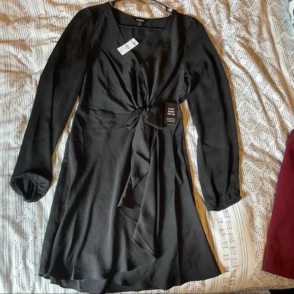 Express | Dresses | Express Black Satin Wrap Dress Nwt | Poshmark